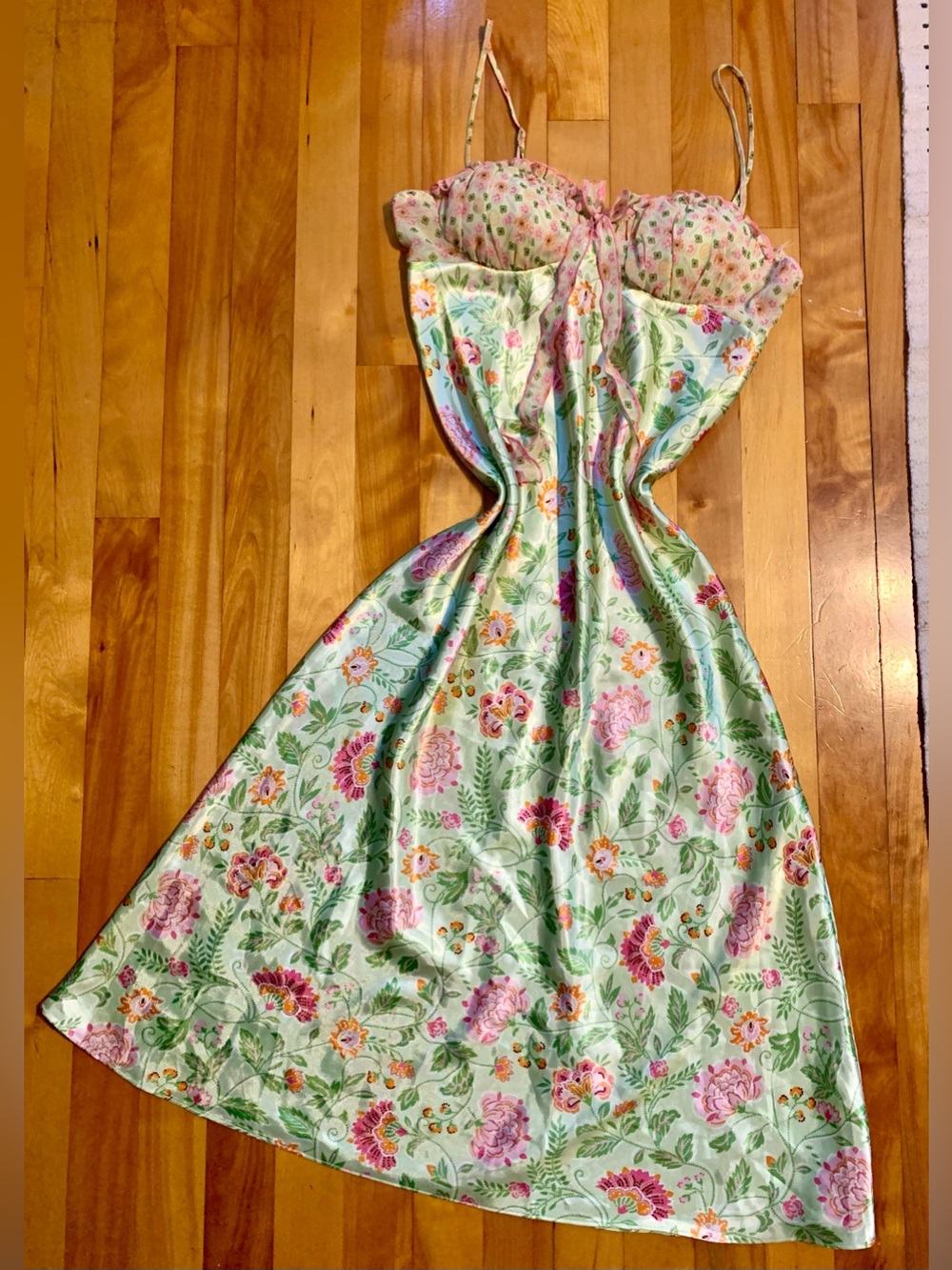 Mint Green Floral Slip Dress/Nightgown with Pink Floral Accents